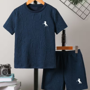 2pcs Boys' Casual Letter Embossed Short Sleeve T-Shirt and Shorts Set