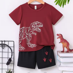 2pcs Set of Boys' Plain Color Cartoon Dinosaur Print