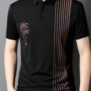 Short-Sleeve Polo Shirt with Fine Striped Coconut Tree Pattern