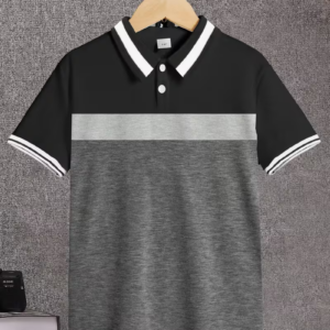 Three-Color Patchwork Collar Button Short Sleeve