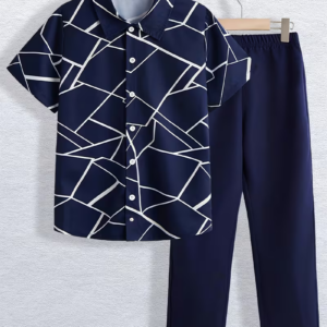 Boys' Short Sleeve Shirt Top + Versatile Solid Color Long Two-Piece Set